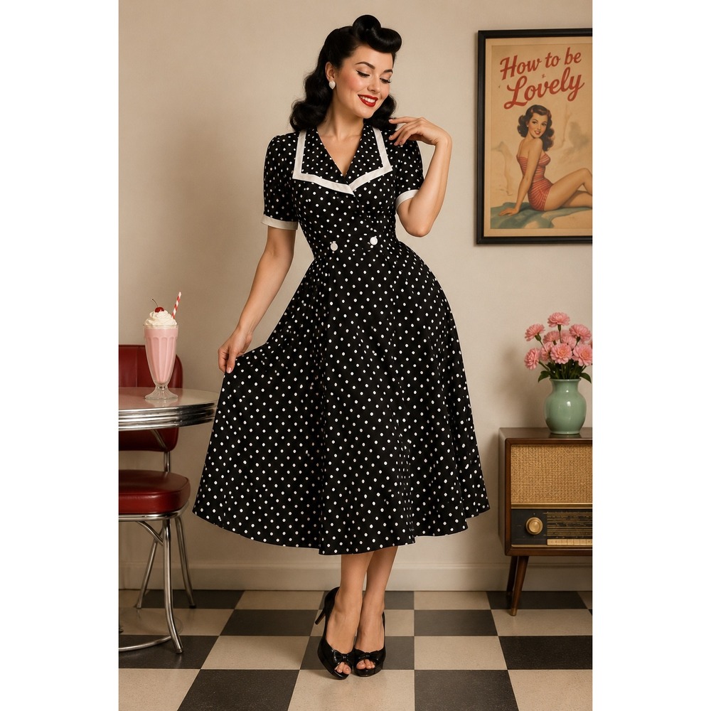 REO Originals Vintage Polka Dot Sailor Dress Black White Pinup Rockabilly NWT 14